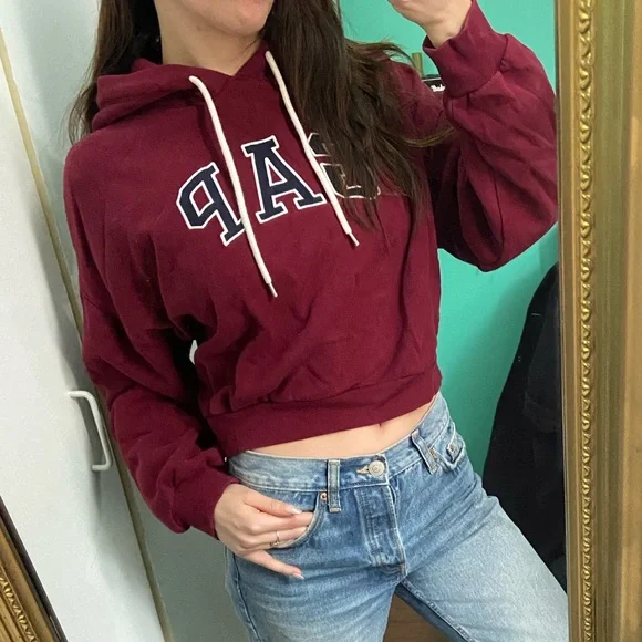 Gap Cropped Maroon Hoodie Navy Logo XS - Picture 4 of 4